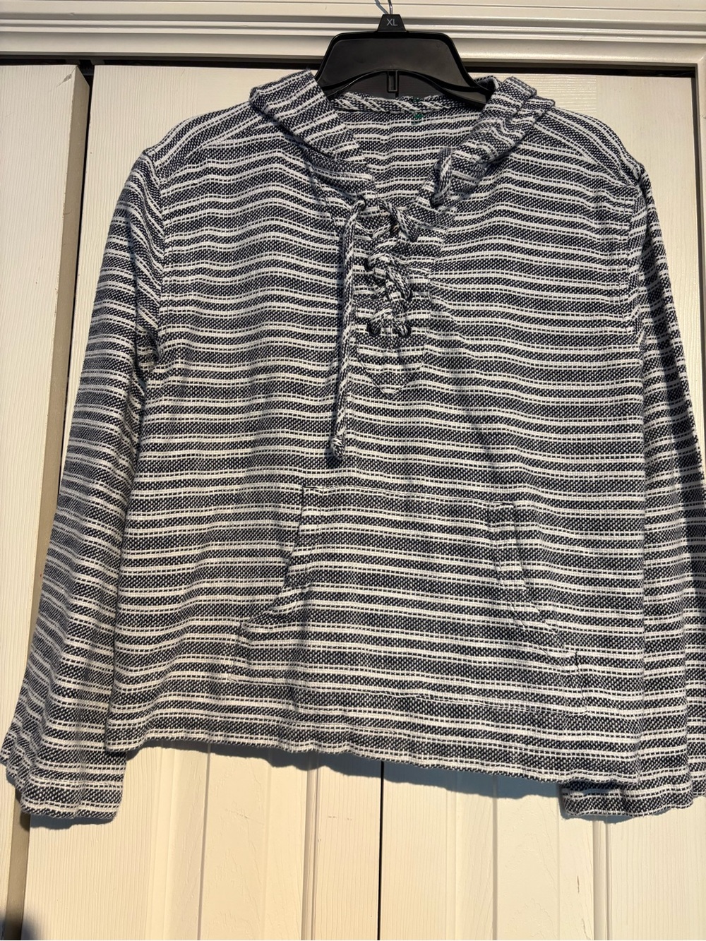 ROXY Striped Hooded Lace-Up Pullover Hoodie - Blue & White